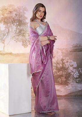 Purple Printed Net Saree Set