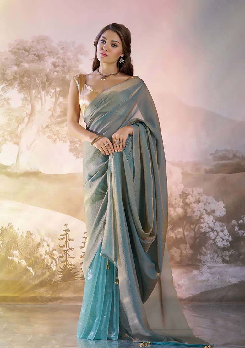 Blue Printed Organza Saree Set - Indya