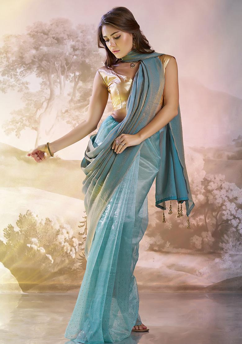 Blue Printed Organza Saree Set