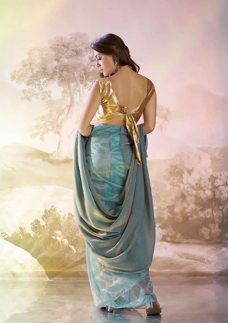 Blue Printed Organza Saree Set - Indya
