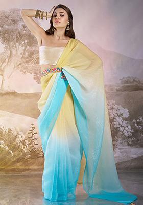 Sky Blue Printed Chiffon Saree Set