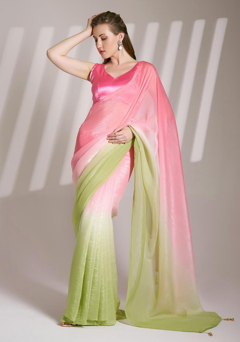 Pink Printed Chiffon Saree Set