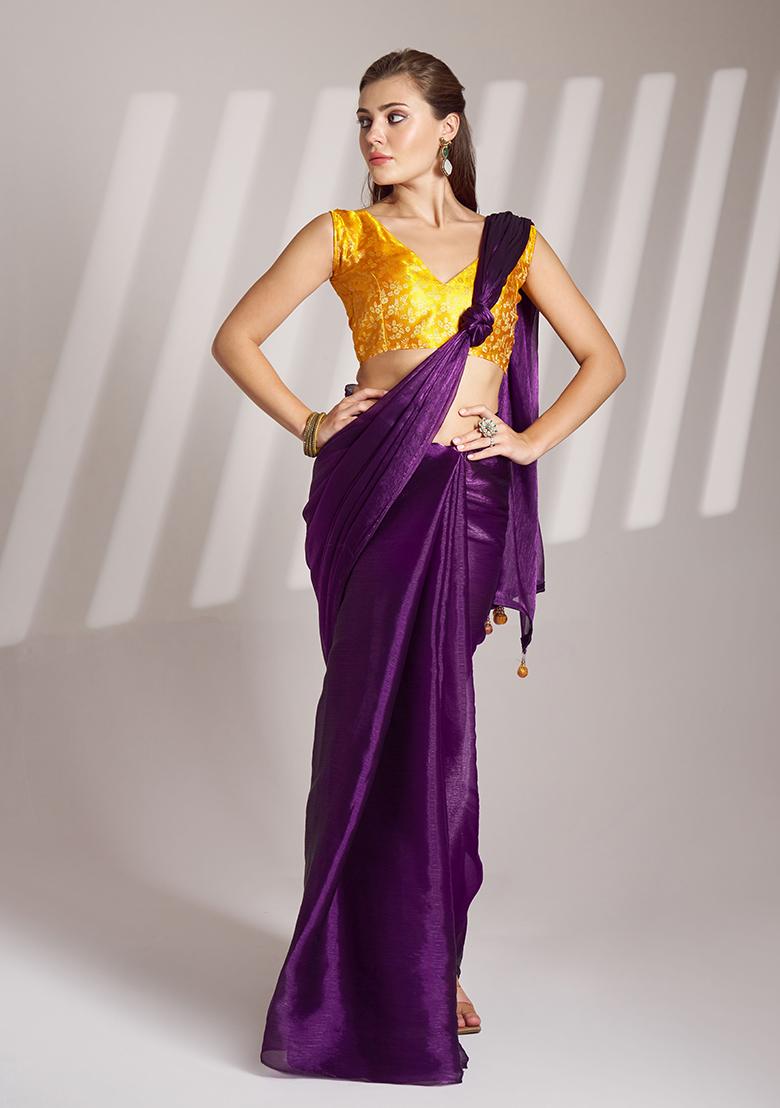 Violet Printed Organza Saree Set