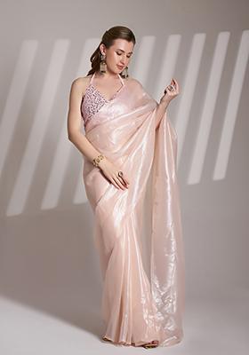Peach Printed Net Saree Set