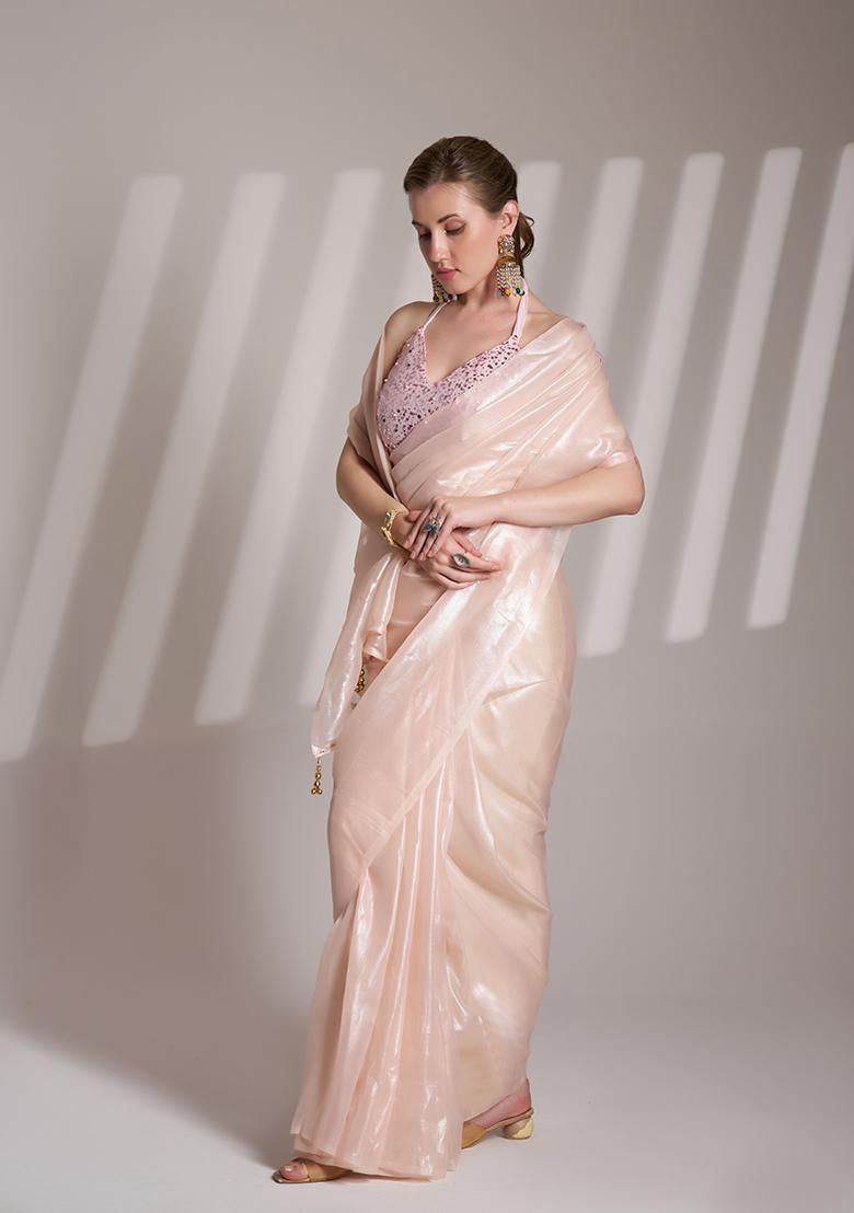 Peach Printed Net Saree Set