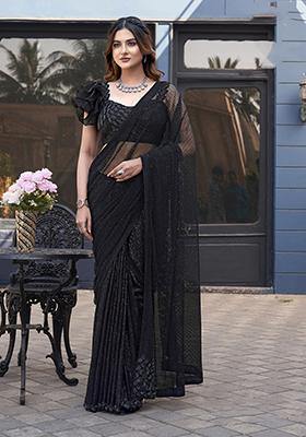 Black Embroidered Silk Saree Set