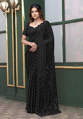 Black Embroidered Silk Saree Set