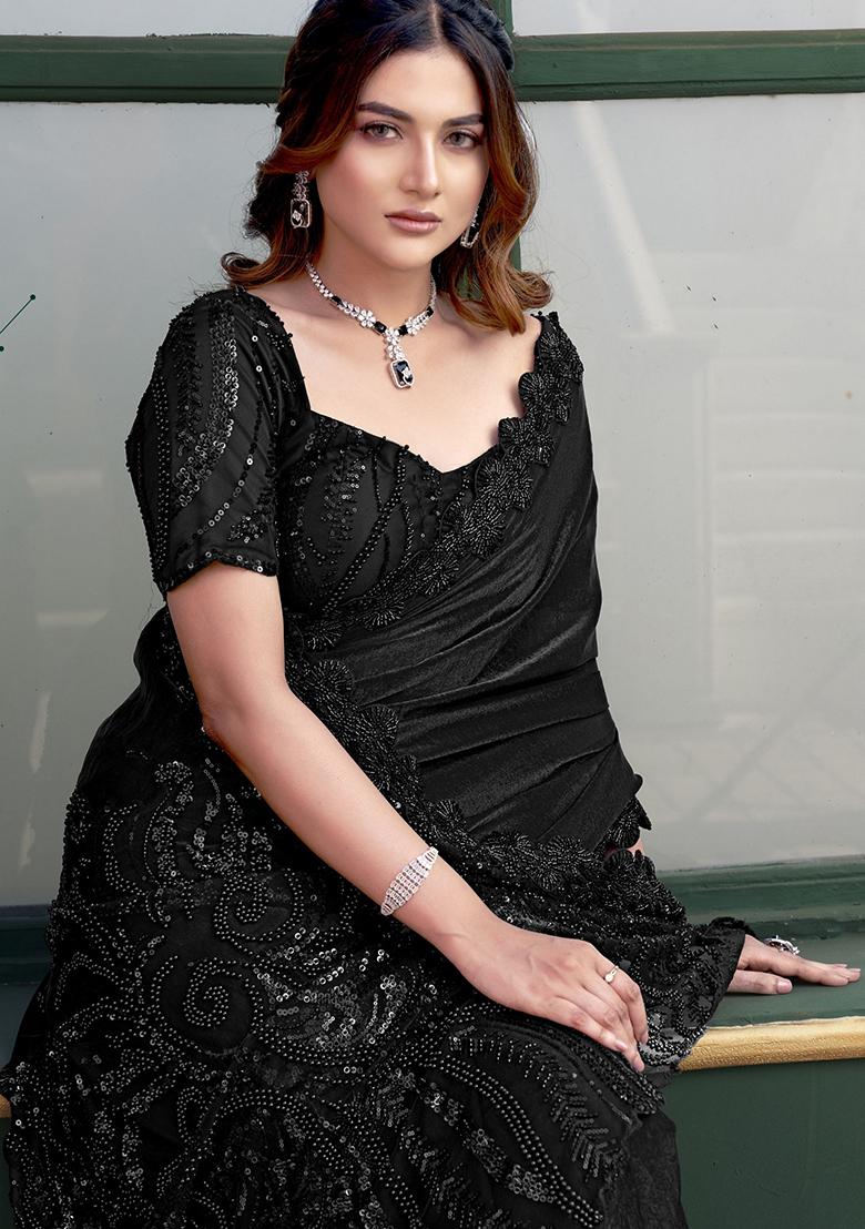 Black Embroidered Silk Saree Set