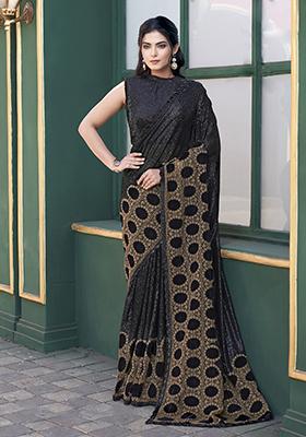 Black Embroidered Velvet Saree Set