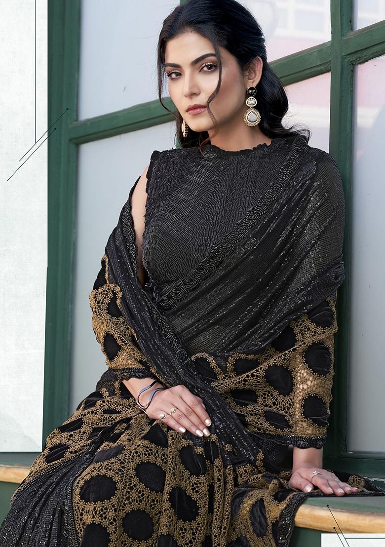 Black Embroidered Velvet Saree Set