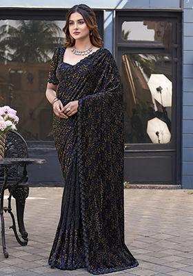 Black Embroidered Velvet Saree Set