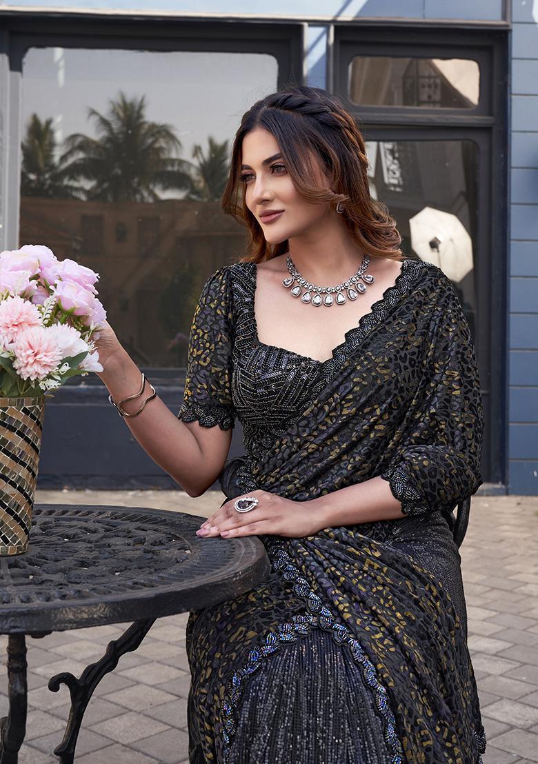 Black Embroidered Velvet Saree Set