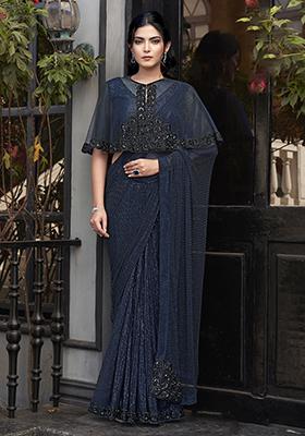 Navy Blue Embroidered Silk Saree Set