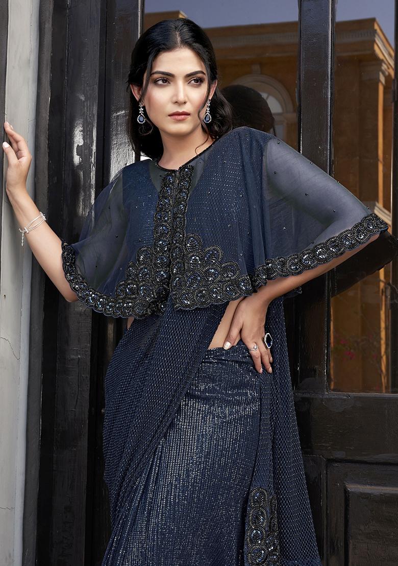 Navy Blue Embroidered Silk Saree Set