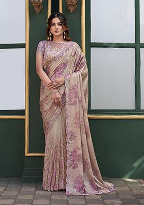 Beige Embroidered Velvet Saree Set