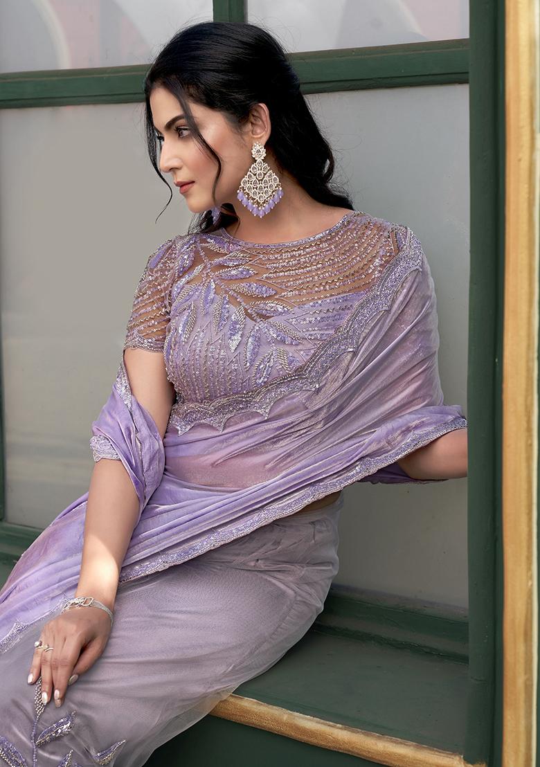 Lavender Embroidered Silk Saree Set