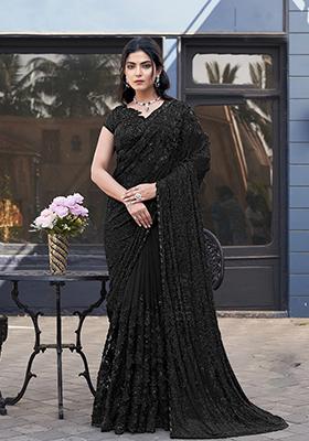 Black Embroidered Silk Saree Set