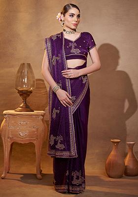 Purple Embroidered Satin Saree Set