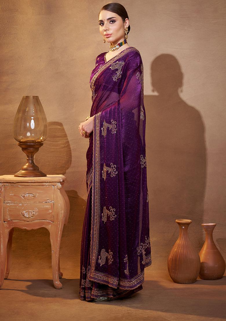 Purple Embroidered Satin Saree Set
