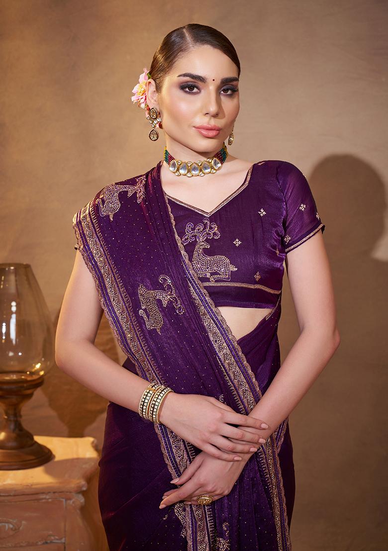 Purple Embroidered Satin Saree Set