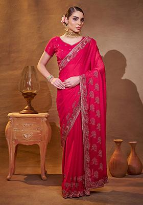 Pink Embroidered Satin Saree Set