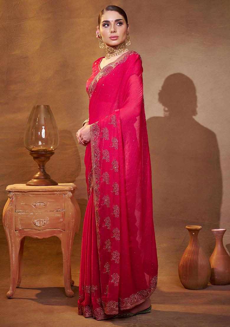 Pink Embroidered Satin Saree Set
