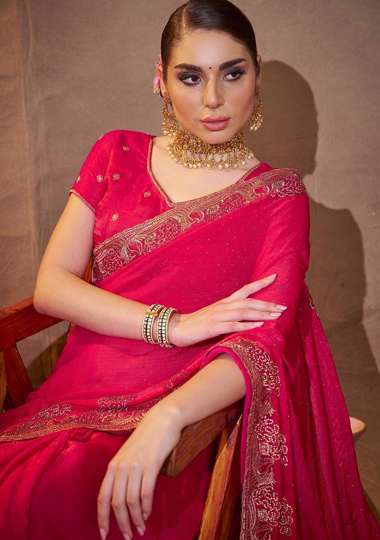 Pink Embroidered Satin Saree Set