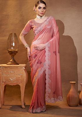 Peach Embroidered Chiffon Saree Set