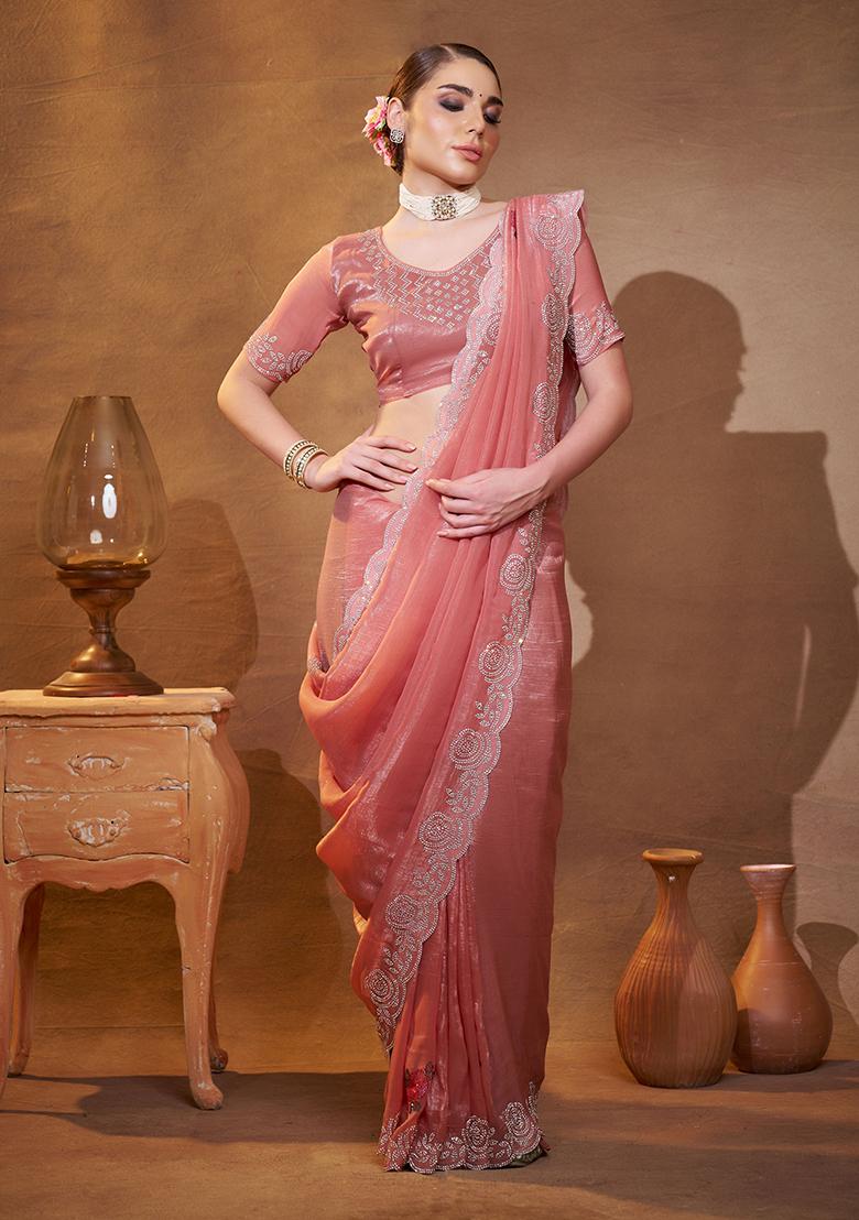 Peach Embroidered Chiffon Saree Set