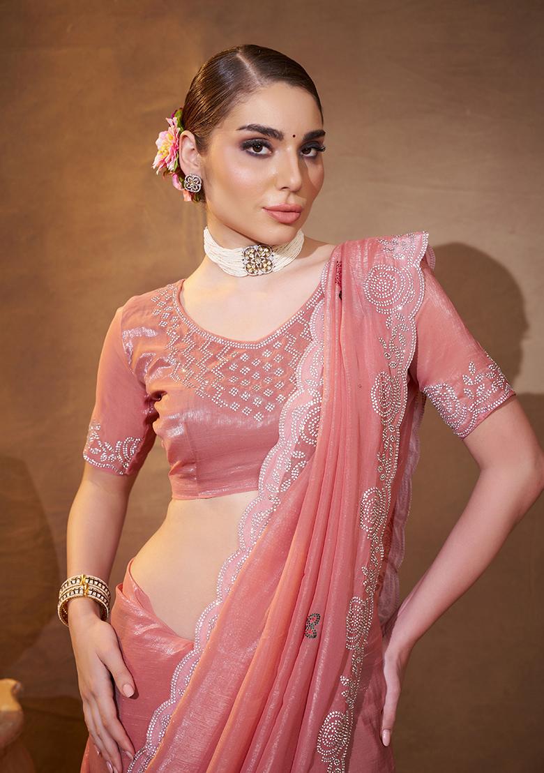 Peach Embroidered Chiffon Saree Set