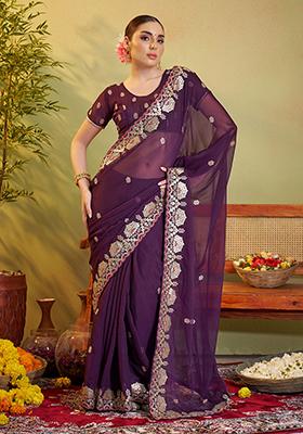 Violet Embroidered Organza Saree Set