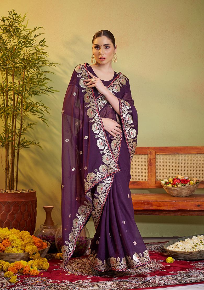 Violet Embroidered Organza Saree Set