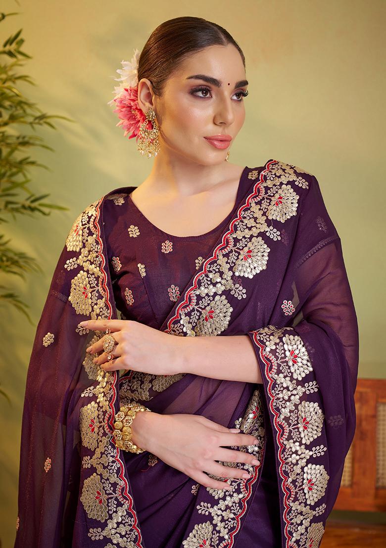 Violet Embroidered Organza Saree Set