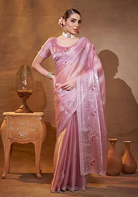 Pink Embroidered Organza Saree Set