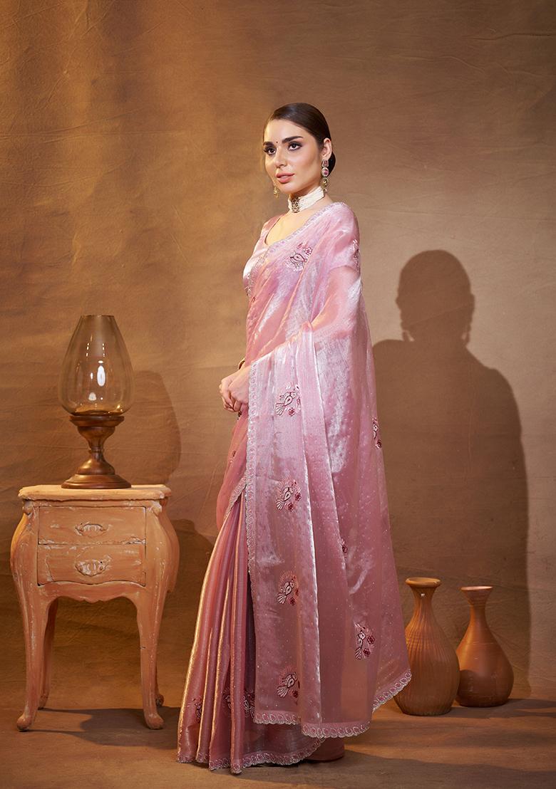 Pink Embroidered Organza Saree Set