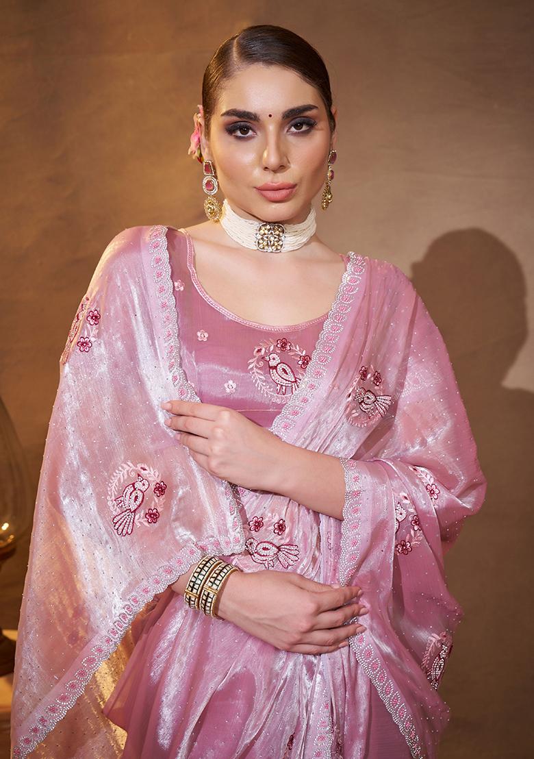 Pink Embroidered Organza Saree Set