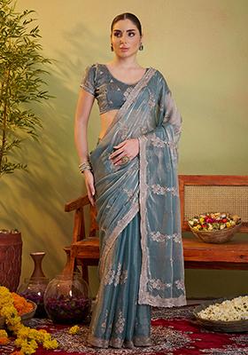Grey Embroidered Silk Saree Set