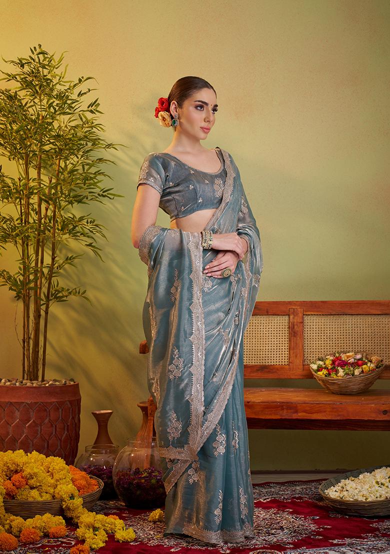 Grey Embroidered Silk Saree Set