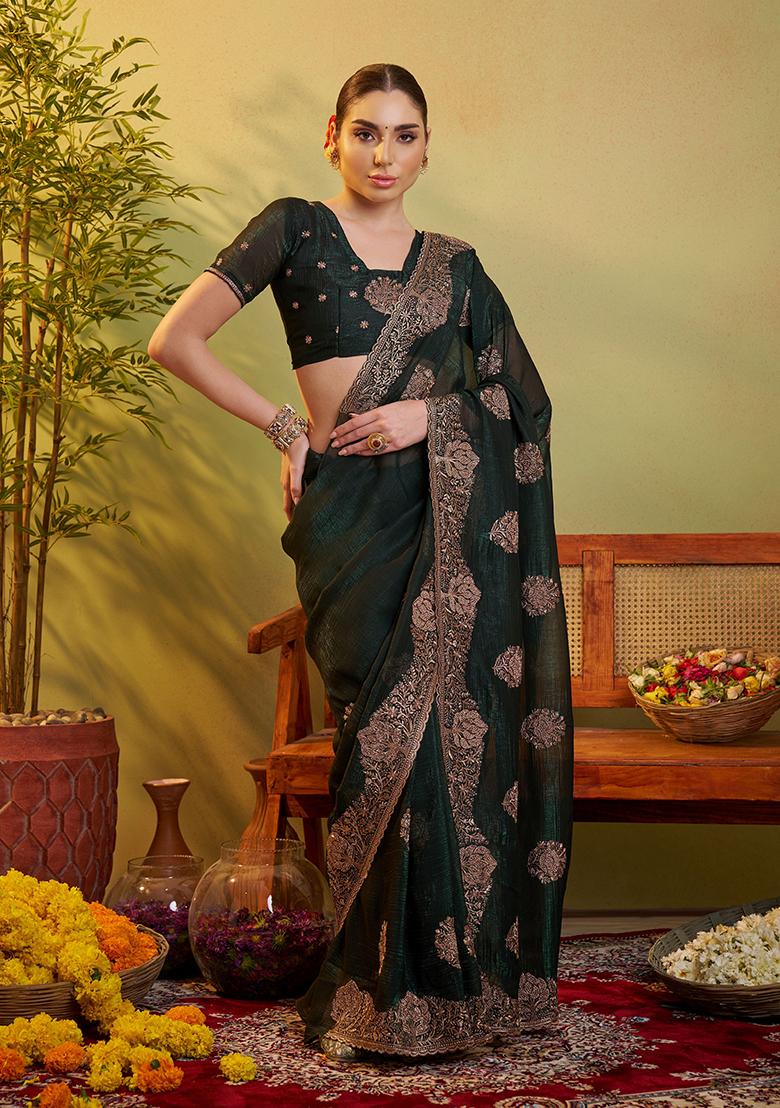 Green Embroidered Chiffon Saree Set