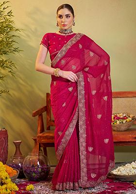 Pink Embroidered Organza Saree Set