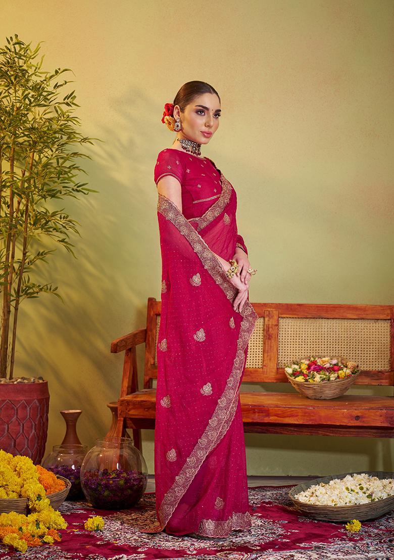 Pink Embroidered Organza Saree Set