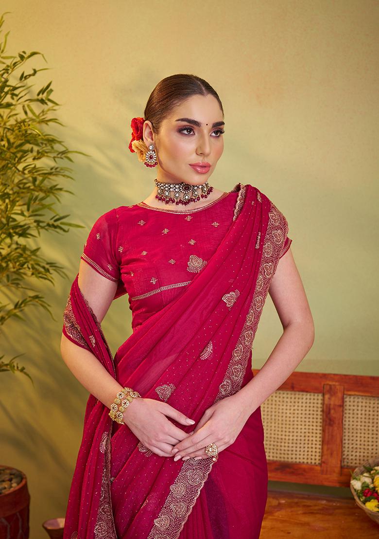 Pink Embroidered Organza Saree Set