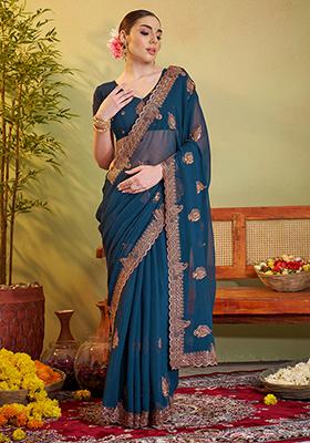 Teal Blue Embroidered Chiffon Saree Set