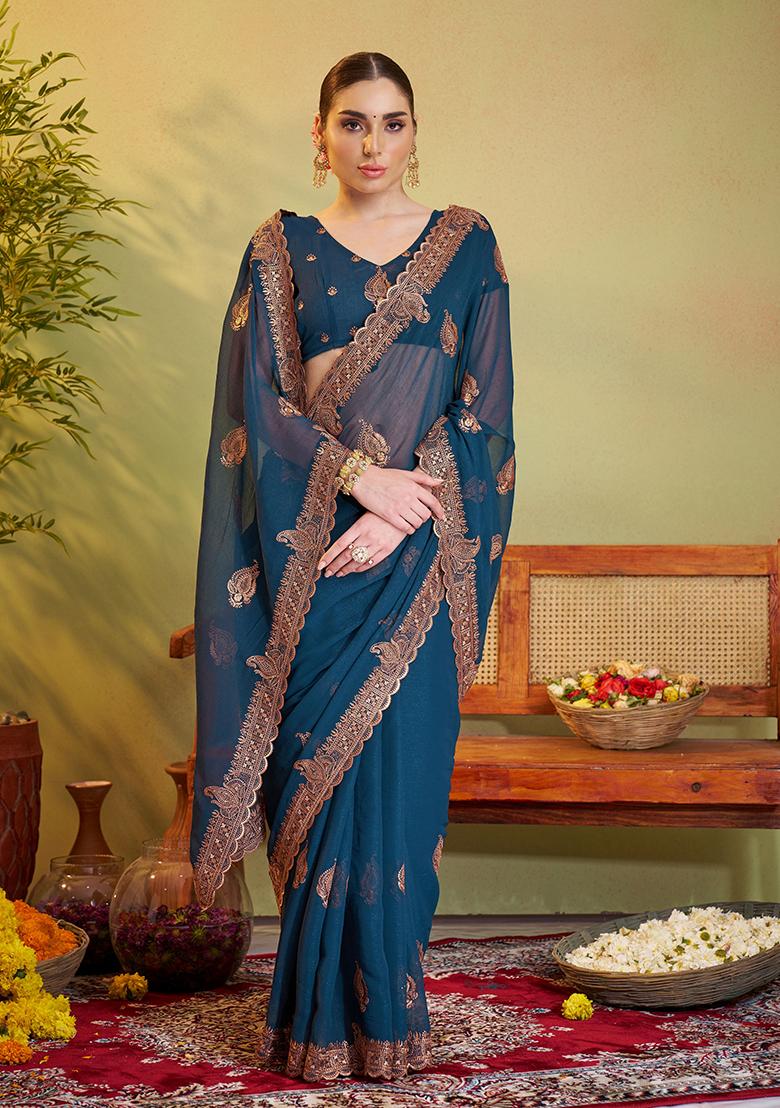Teal Blue Embroidered Chiffon Saree Set