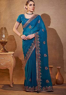 Teal Blue Embroidered Chiffon Saree Set