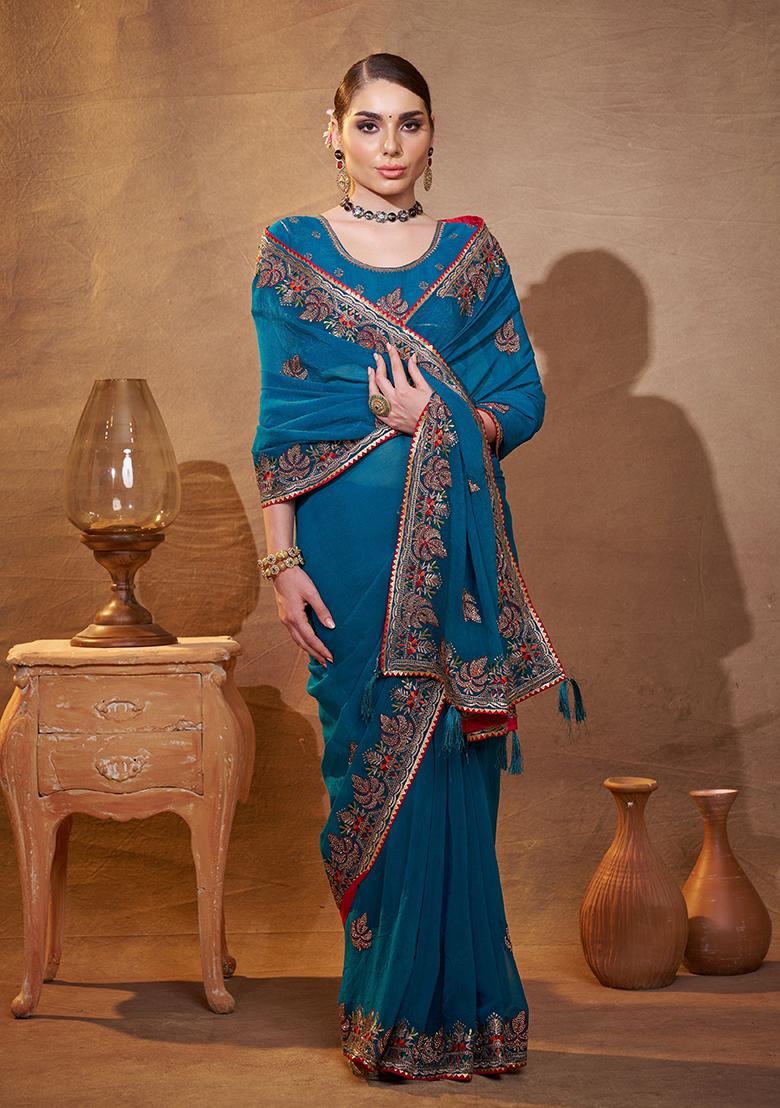Teal Blue Embroidered Chiffon Saree Set