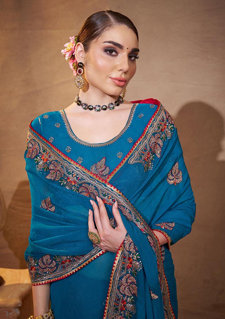 Teal Blue Embroidered Chiffon Saree Set