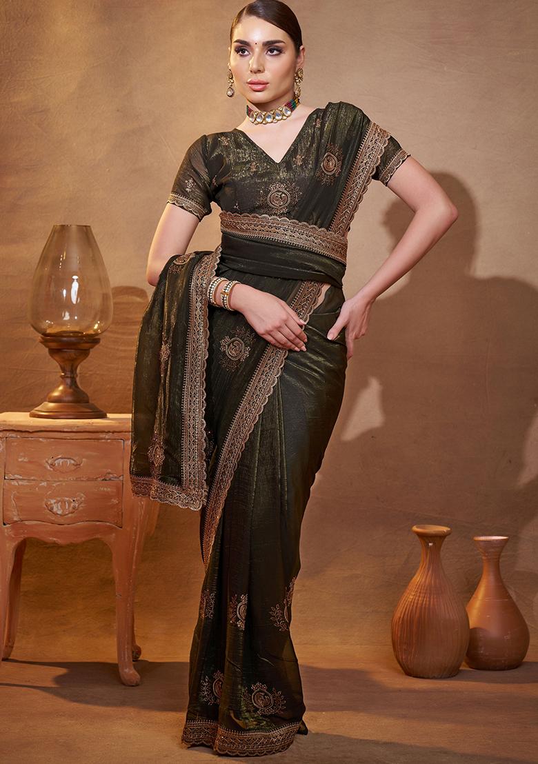 Green Embroidered Chiffon Saree Set