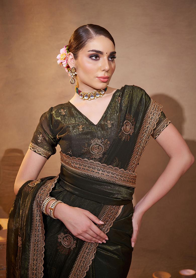 Green Embroidered Chiffon Saree Set