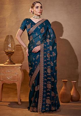 Teal Blue Embroidered Satin Saree Set